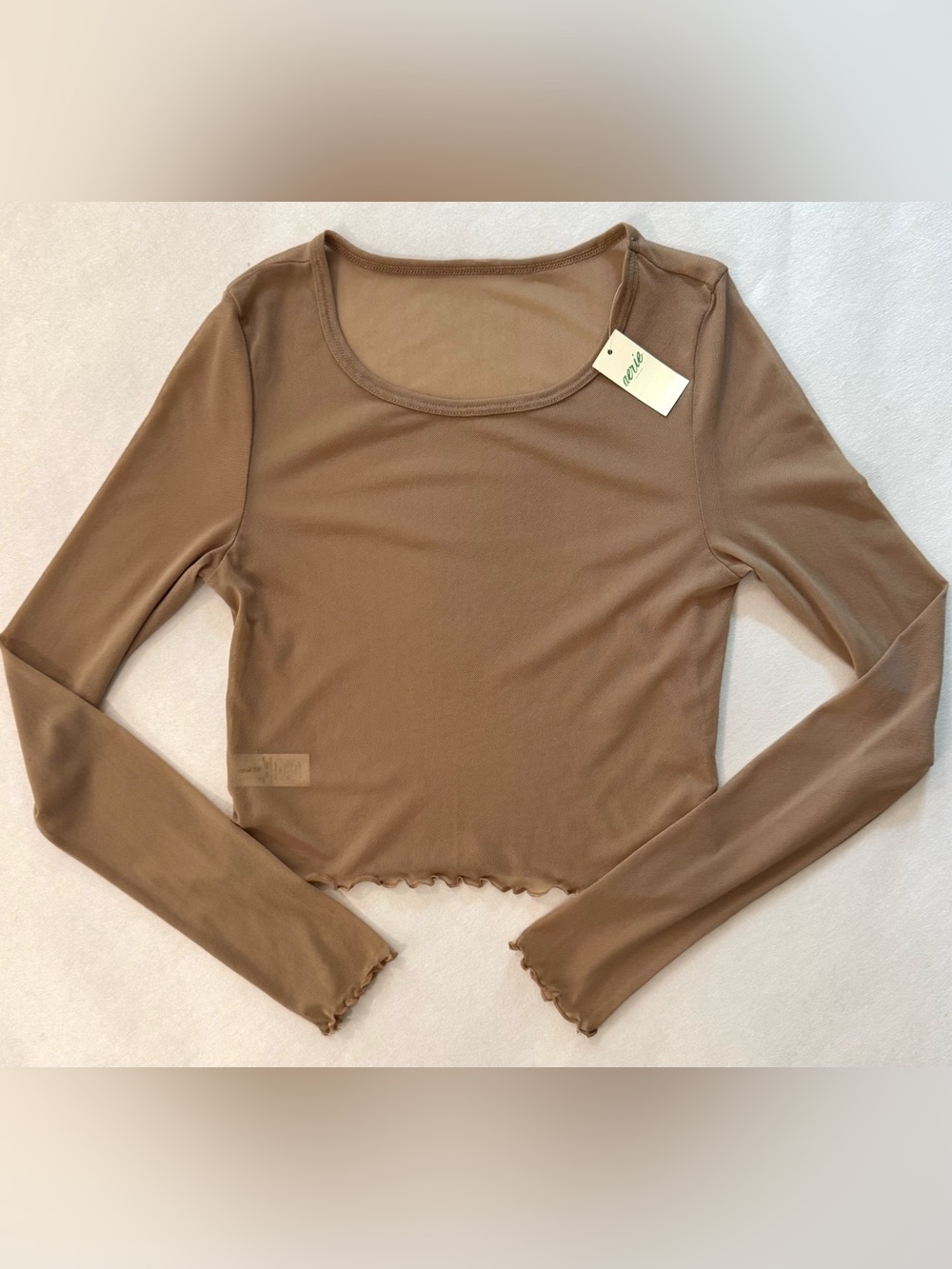 NWT Aerie Tan Mesh Long Sleeve Top Sheer Neutral Lettuce Trim, Size Small